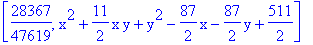 [28367/47619, x^2+11/2*x*y+y^2-87/2*x-87/2*y+511/2]